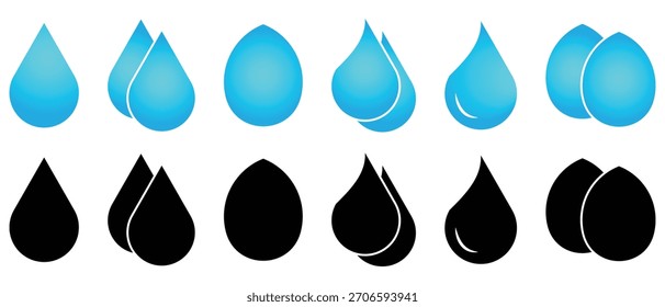 Ícone de gotas de água, Conjunto de ícone de gota de água, Ícone de água potável e ícone de gotas de chuva, gotas de água em um fundo branco.