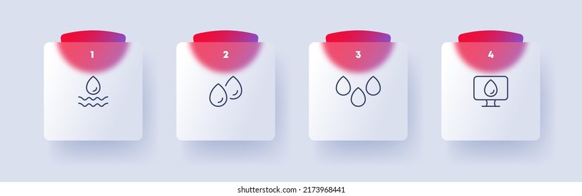 Water drops set icon. Liquid, clean, drinking, drink, hygiene, environment, ecology, rain, computer, laboratory research. Nature concept. Glassmorphism. Vector line icon for Business and Advertising.
