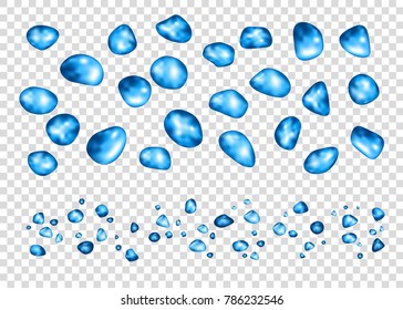 Water drops  set  isolated on transparent background. Different forms  of realistic  blue droplets or bubbles. Vector background.