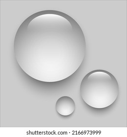 Water drops set on grey background. Liquid droplets of rain and dew vector illustration. Wet clear aqua in light. Abstract pure fresh nature elements, realistic macro design.