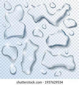 Water drops set on transparent background. Liquid droplets of rain and dew vector illustration. Wet clear aqua in light. Abstract pure fresh nature elements, realistic macro design.