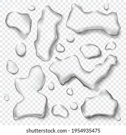 Water drops set on transparent background. Liquid droplets of rain and dew vector illustration. Wet clear aqua in light. Abstract pure fresh nature elements, realistic macro design.