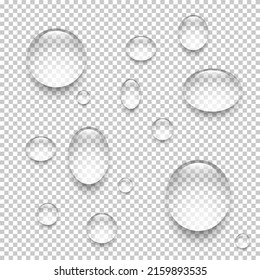 Water drops set on transparent background. Liquid droplets of rain and dew vector illustration. Wet clear aqua in light. Abstract pure fresh nature elements, realistic macro design.