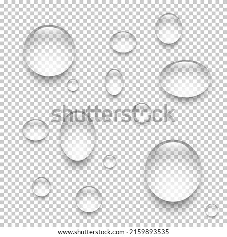 Water drops set on transparent background. Liquid droplets of rain and dew vector illustration. Wet clear aqua in light. Abstract pure fresh nature elements, realistic macro design.
