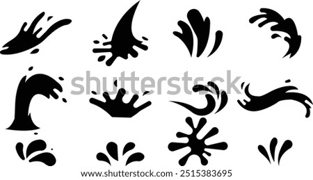 Water drops set, sea ocean waves stencil. Liquid elements, cry droplet icons vector . Ink, sauce, river isolated splashes, wet droplets dew shape, on transparent background, used for mobile or ui.