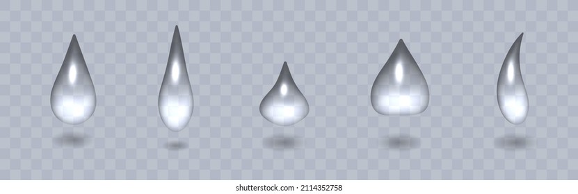 Water drops set. Shiny water drops isolated on transparent background. Vector clipart.