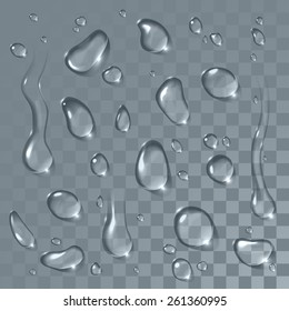 Water drops set. Transparent vector condensation droplets. Can be applied for any background without losing visibility