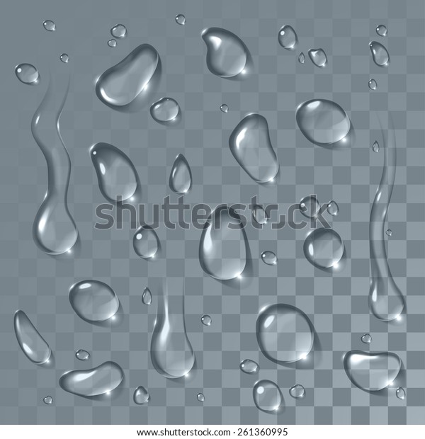 Water drops\
set. Transparent vector condensation droplets. Can be applied for\
any background without losing\
visibility