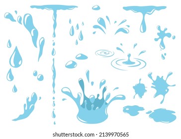 Water drops set vector background. Splash, drip, liquid droplet, falling raindrops in simple flat style isolated on white backdrop. Aqua icons graphic design.