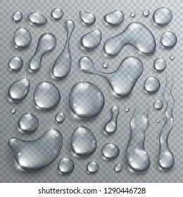 Water drops set vector realistic 3d elements collection, transparent dew condensation drops over transparency checker mesh, ready to put over any background.