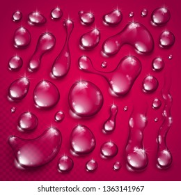 Water drops set vector realistic 3d elements collection, transparent dew condensation drops over transparency checker mesh, prepared to put over red background.