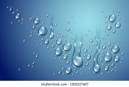 Water drops in shower or pool, condensate or rain droplets realistic transparent vector illustration, easy to put over any background or use droplets separately.