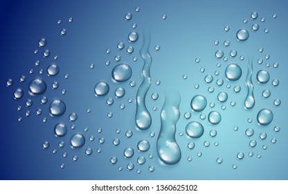 Water drops in shower or pool, condensate or rain droplets realistic transparent vector illustration, easy to put over any background or use droplets separately.