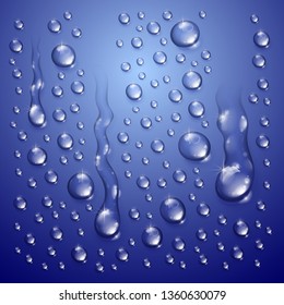 Water drops in shower or pool, condensate or rain droplets realistic transparent vector illustration, easy to put over any background or use droplets separately.