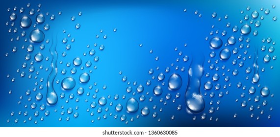 Water drops in shower or pool, condensate or rain droplets realistic transparent vector illustration, easy to put over any background or use droplets separately.