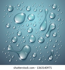 Water drops in shower or pool, condensate or rain droplets realistic transparent vector illustration, easy to put over any background or use droplets separately.