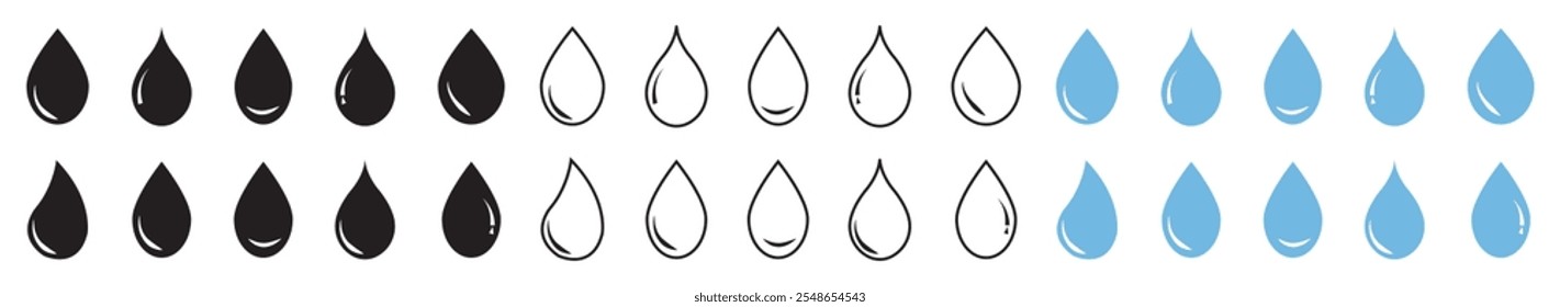 Silhuetas de gotas de água e blob isolado em transparente, conjunto de vetor de ícones de gotas