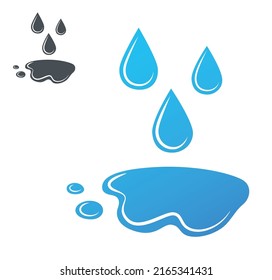 Water drops and small puddle vector icon. Blue water droplets cartoon illustration isolated on white background