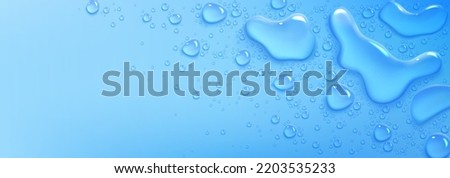 Water drops, spill puddles top view on blue background. Scatter aqua liquid splashes, skin care cosmetic, hydration spots, gel or collagen texture with spray droplets, Realistic 3d vector Illustration