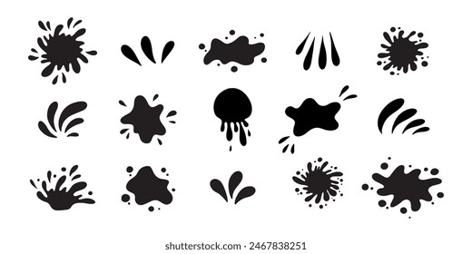 Water drops and splash silhouette collection in simple doodle style. Set different liquid shapes and silhouette.