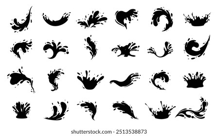 Water drops and splash silhouette collection in simple doodle style. Set different liquid shapes and silhouette.