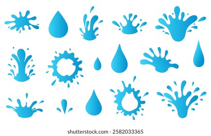 Water drops and splash silhouette set. Blue different liquid shapes collection isolated on white background. Flat style. Vector illustration.