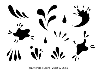 Water drops and splash silhouette in simple doodle style. Set different liquid shapes and silhouette.