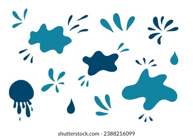Gotas de agua y silueta de salpicadura en un estilo de doodle sencillo. Establece diferentes formas líquidas y silueta.