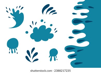 Gotas de agua y silueta de salpicadura en un estilo de doodle sencillo. Establece diferentes formas líquidas y silueta.