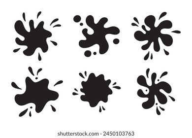 Water drops and splash silhouette in simple doodle style. Set different liquid shapes and silhouette.