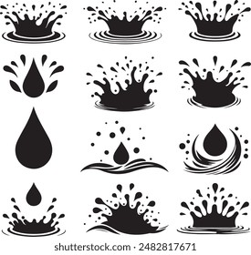 Water drops and splash silhouette in simple doodle style. Set different liquid shapes and silhouette.