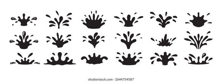 Gotas de água e silhueta de salpicos em estilo de doodle simples. Desenho animado azul gotejando gotas de água, respingos, sprays e lágrimas. Fluxo de líquido, ondas, correntes e poças. Ilustração de Victor eps 10.