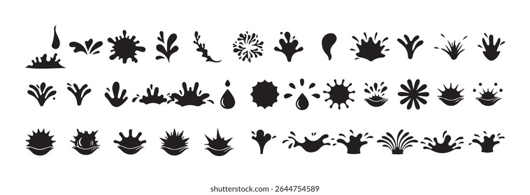 Gotas de água e silhueta de salpicos em estilo de doodle simples. Desenho animado azul gotejando gotas de água, respingos, sprays e lágrimas. Fluxo de líquido, ondas, correntes e poças. Ilustração de Victor eps 10.