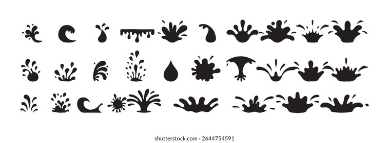 Gotas de água e silhueta de salpicos em estilo de doodle simples. Desenho animado azul gotejando gotas de água, respingos, sprays e lágrimas. Fluxo de líquido, ondas, correntes e poças. Ilustração de Victor eps 10.