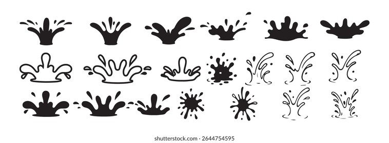 Gotas de água e silhueta de salpicos em estilo de doodle simples. Desenho animado azul gotejando gotas de água, respingos, sprays e lágrimas. Fluxo de líquido, ondas, correntes e poças. Ilustração de Victor eps 10.