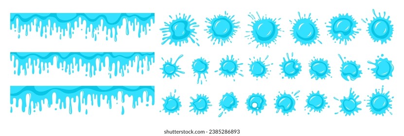 Water drops splash or splatter cartoon set. Stain and splat flat shapes dripping splatter liquids drop icon. Different blue aqua splashes and drops shape. Isolated elements vector illustration