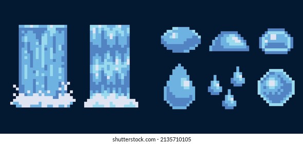 Gotas de agua y muestra el conjunto de iconos de arte de píxeles. Colección del logotipo de la cascada. Elementos líquidos. Sprite de 8 bits. Desarrollo de juegos, aplicación móvil.  Ilustración vectorial aislada.