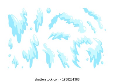 Water drops and splashes set. Dripping water in cartoon style. Vector illustration isolated in white background