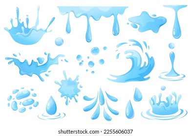 Wassertropfen und Spritzen setzen grafische Elemente in flachem Design. Bündel von wirbelnden und kurren Wellen, flüssiger Fluss, fallende Regentropfen, fließende und spritzende Wasserbewegung. Einzelne Vektorgrafik-Objekte