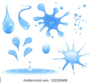 Water Drops And Splashes Set/ Illustration of a set of cartoon water splashes, drops, flow, tides and drink wet shapes and liquid patterns