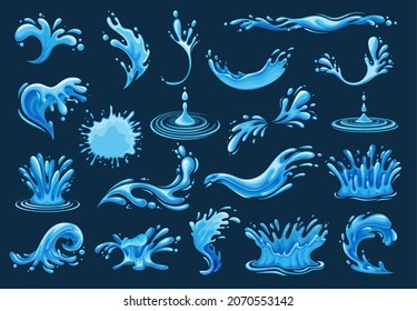 Water drops. Splashes or spill water elements, isolated vector illustration. Current drops, waves, tears and spray.