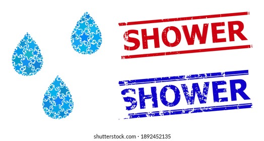 Water drops star mosaic and grunge Shower stamps. Red and blue imprints with distress style and Shower phrase. Abstract water drops mosaic is done from randomized flat star parts.