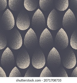 Water Drops Stippled Trendy Seamless Pattern Vector Chic Abstract Background. Hand Drawn Decorative Tileable Fashionable Texture Dotted Repetitive Wallpaper. Halftone Retro Colors Art Illustration