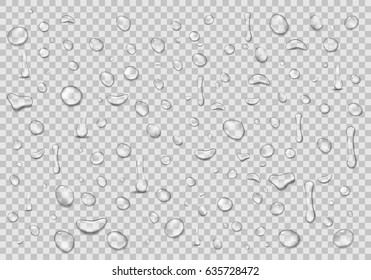 Water drops transparent background. Clean drop condensation. Realistic water background vector illustration

