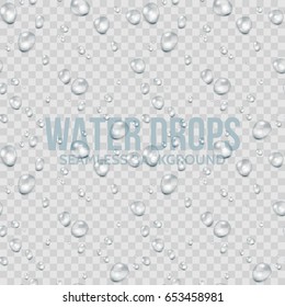 Water drops transparent seamless background. Realistic vector illustration