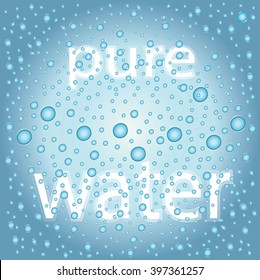 Water drops vector background. Pure water - white text under water drops. Blurred background with water drops as misted window, dewy glass. 
