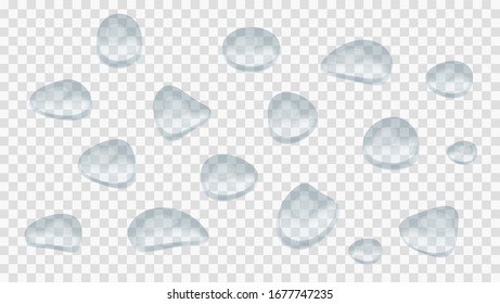 Water drops vector isolated on transparent background. Set of crystal clear bubble droplets. 3d rain drops are shown. Condensation surface or fogged glass. Splash of transparency liquid.