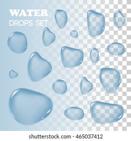 Water drops. Vector objects. Rain drops on background. Transparent drops of water flowed over the surface.
