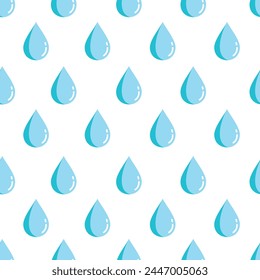 Water drops vector seamless pattern. Background with stylized blue raindrops, seamless pattern. Vector wallpaper, background on white background. 