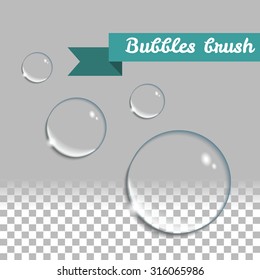 Water drops vector set. Transparent bubbles brush. Round realistic pure clear bubbles. Vector design elements set. Isolated aqua drops.